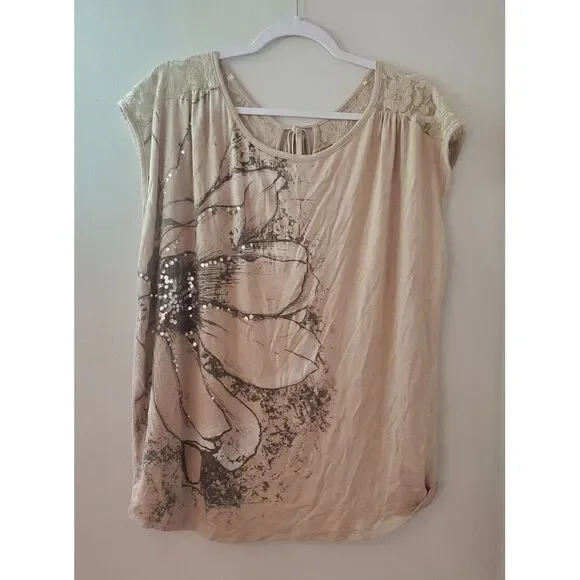 Flats and Heels Tank Womens XLarge Brown Short Sleeve Brown Floral Ladie Casual - Picture 1 of 6